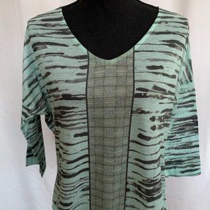 Prana Womens Aleah Top Mint Green/Gray Print 3/4 Sleeves Casual Outdoor Sz L